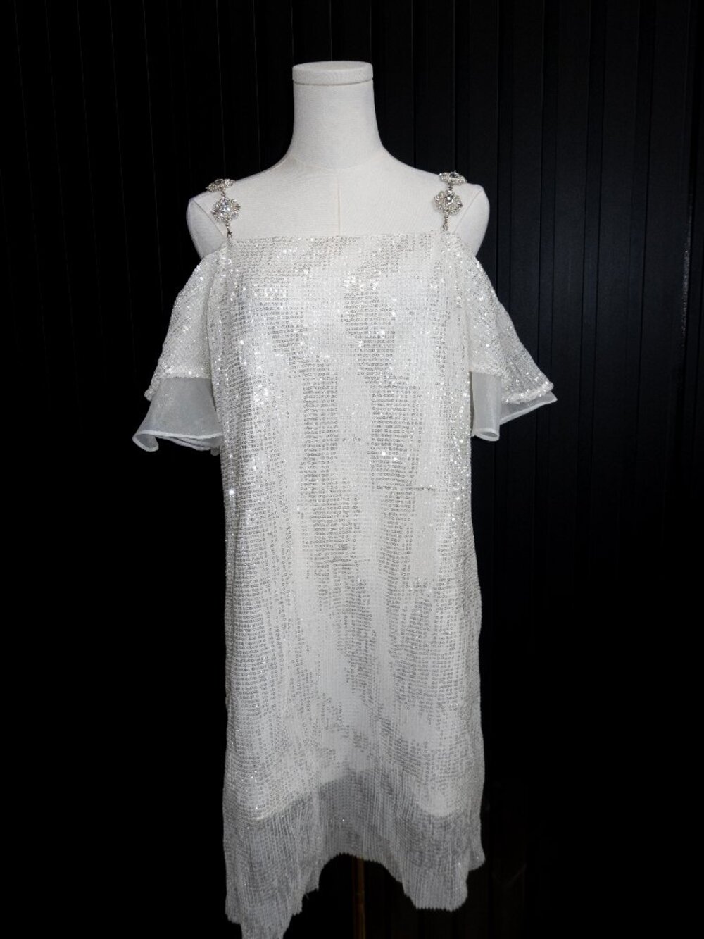 White Silver Sequin Cold Shoulder Mini Dress Rhinestone Brooch Straps L